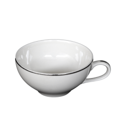 A coffee cup with platinum bands around the rim and on the handle.