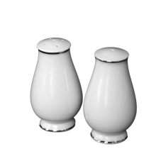 White salt and pepper shakers with platinum bands at the top and bottom.