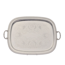 A rectangular serving tray with handles and an embossed pattern.